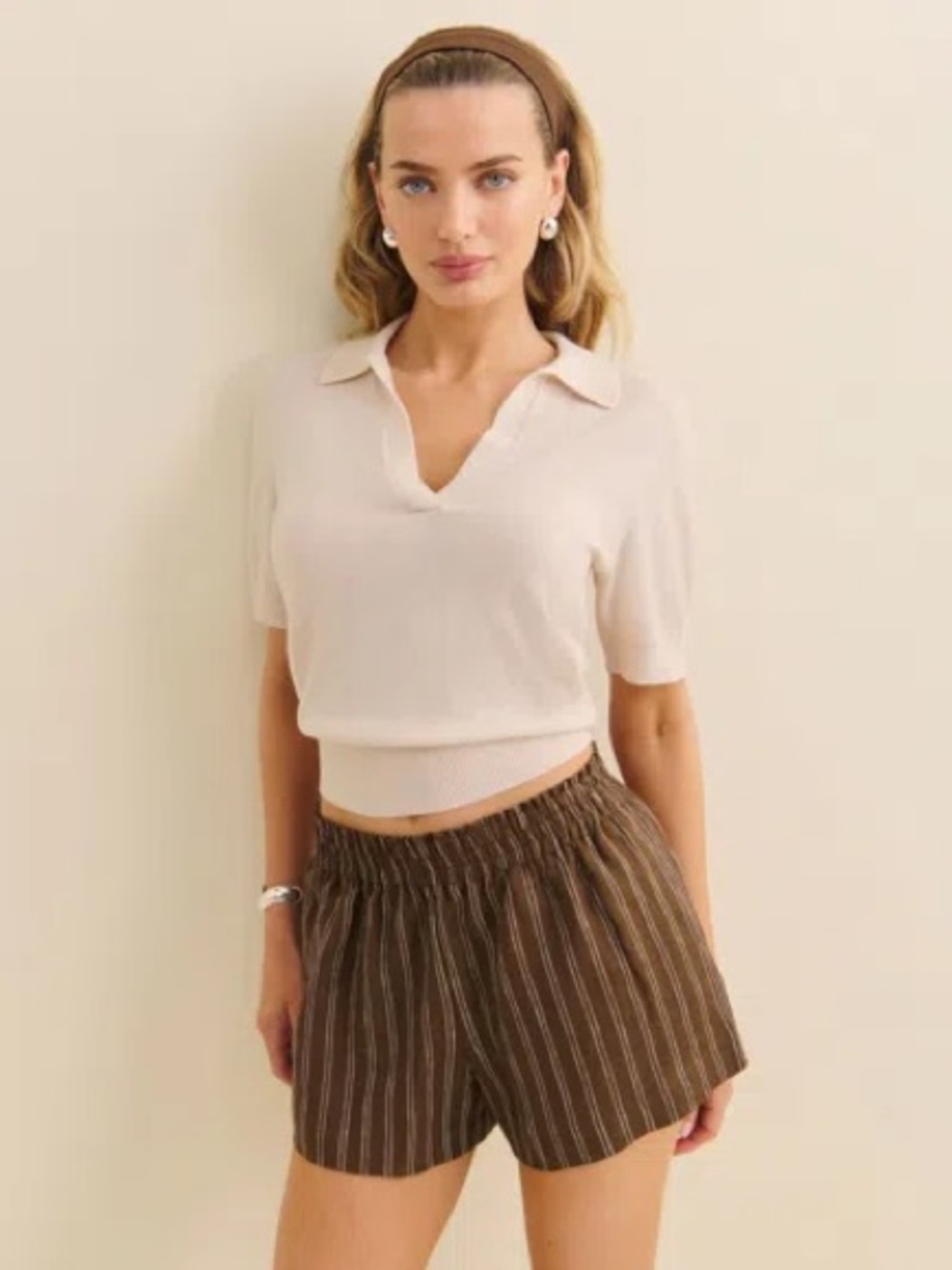 Reformation Mila Shorts Brown Linen Pinstripe EUC L